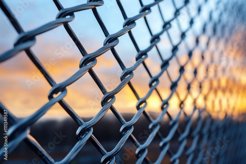 A close up of a chain link fence with a sunset in the background photo