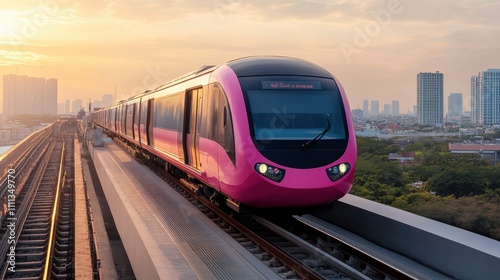 Pink Train on Elevated Track at Sunset