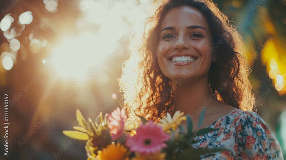 Happy young woman wearing a floral dress, holding a colorful bouquet generative ai Happy young woman wearing a floral dress, holding a colorful bouquet generative ai