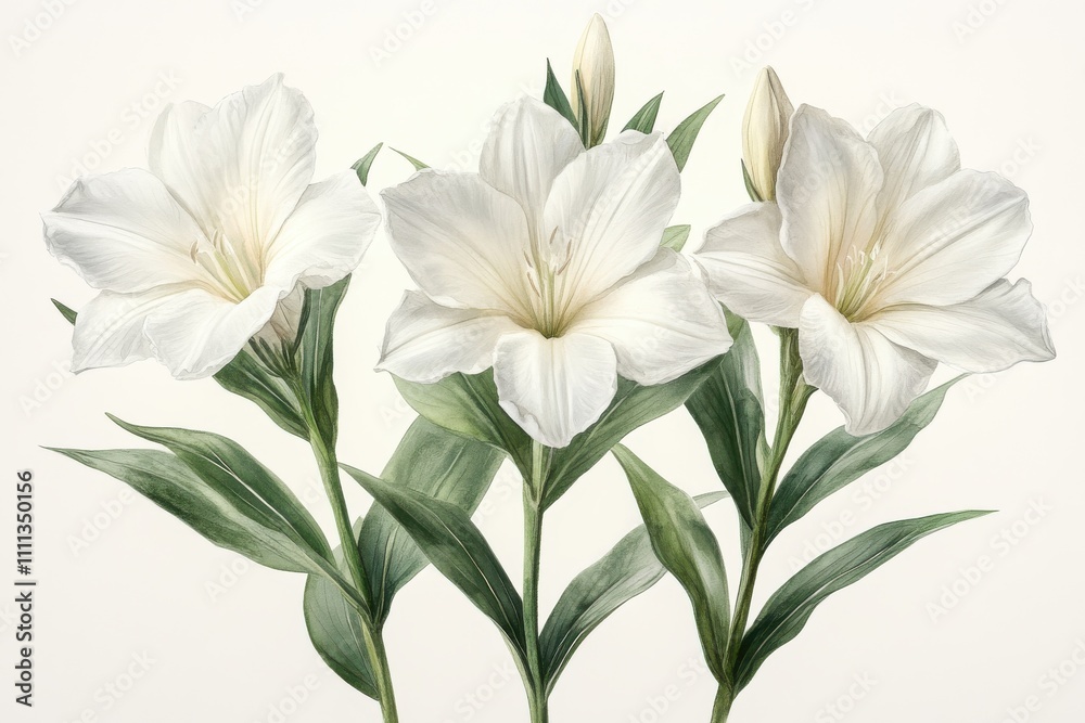 Three elegant white lilies with green leaves and buds, showcasing floral beauty and detail. Three elegant white lilies with green leaves and buds, showcasing floral beauty and detail.