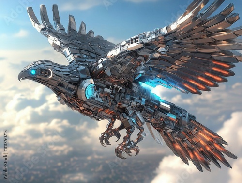 Mecha eagle, designed with sleek metallic components and aerodynamic features photo