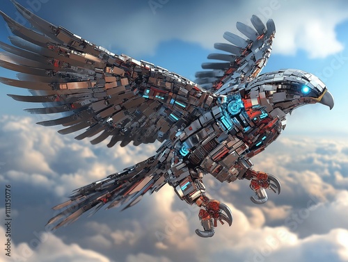 Mecha eagle, designed with sleek metallic components and aerodynamic features photo