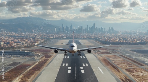 Passenger Plane Climbing Over Barcelona Skyline