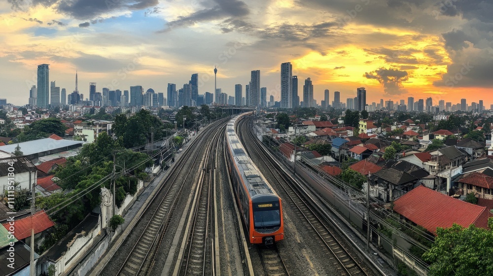 Wide Angle View of Jakarta MRT Train at Sunset Wide Angle View of Jakarta MRT Train at Sunset