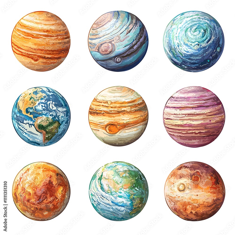 Collection of Nine Vibrant Watercolor Planets Earth, Jupiter, and More. Collection of Nine Vibrant Watercolor Planets Earth, Jupiter, and More.