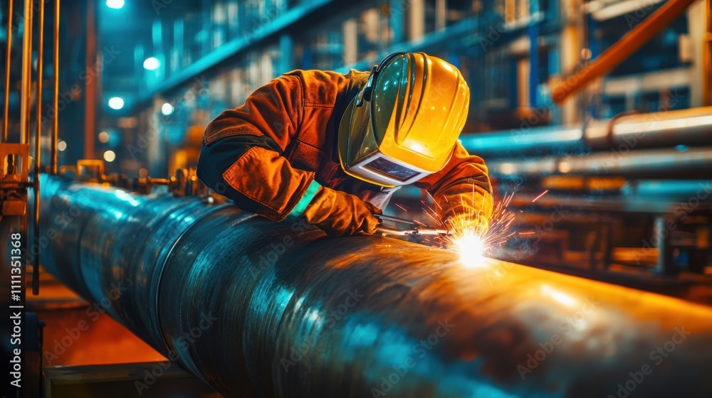 A focused shot of a welder joining metal pipes for an industrial refinery expansion project, Industrial refinery construction scene, Welding craftsmanship style A focused shot of a welder joining metal pipes for an industrial refinery expansion project, Industrial refinery construction scene, Welding craftsmanship style