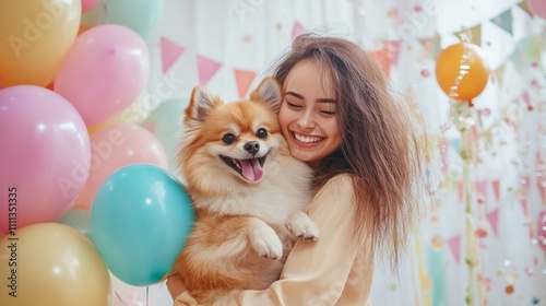 Woman hugging her fluffy Pomeranian on her birthday generative ai