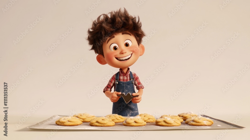 A cheerful boy baking cookies, holding a cookie cutter with freshly baked cookies around him. A cheerful boy baking cookies, holding a cookie cutter with freshly baked cookies around him.