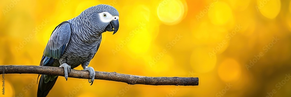 Obraz premium A gray parrot perched on a branch against a warm, blurred background.