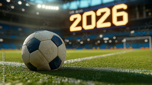 2026 World Cup concept. Soccer ball or football in a stadium with '2026' written on the scoreboard.