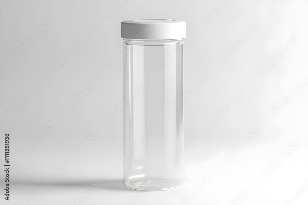 Minimalistic Transparent Juice Cylinder with White Cap on Pristine Background Minimalistic Transparent Juice Cylinder with White Cap on Pristine Background