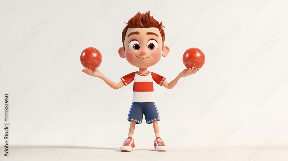 A cheerful cartoon boy juggling two red balls, showcasing fun and playfulness. A cheerful cartoon boy juggling two red balls, showcasing fun and playfulness.