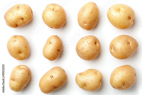 Collection of fresh potatoes, small and round, golden skin, isolated on white background, versatile root vegetables, healthy and natural produce, perfect for cooking and baking, copy space