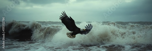 A majestic eagle soaring above turbulent ocean waves under a moody sky. photo