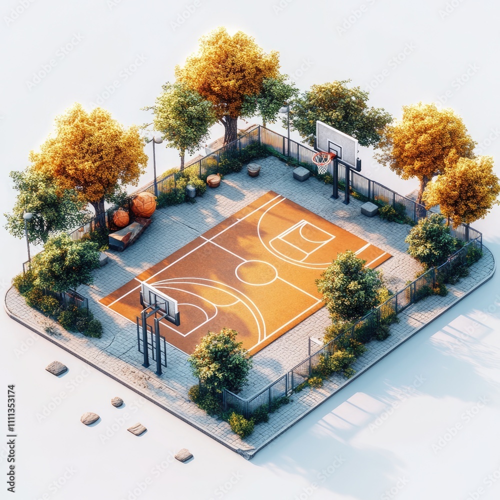 Isometric view of an autumnal outdoor basketball court. Isometric view of an autumnal outdoor basketball court.