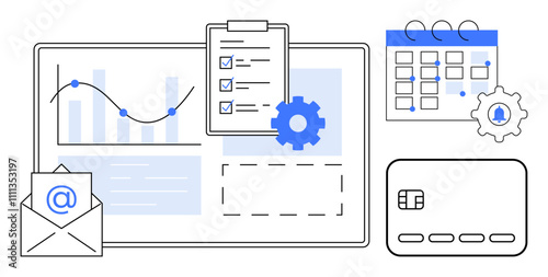 Analysis graph on board, checklist on clipboard, calendar with notifications, email envelope, credit card. Ideal for business planning, organization, finance, productivity data analysis scheduling