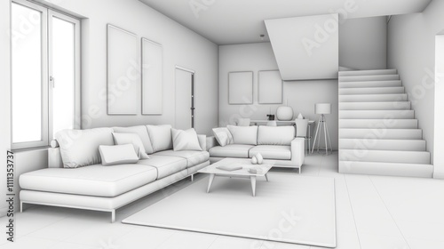 Spacious White Living Room with Lounge and Dining Zones and Panoramic Window