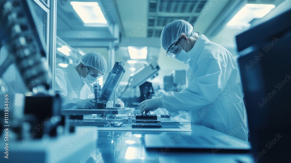 A focused view of technicians in a semiconductor clean room, inspecting microchips under magnification, Semiconductor manufacturing scene A focused view of technicians in a semiconductor clean room, inspecting microchips under magnification, Semiconductor manufacturing scene