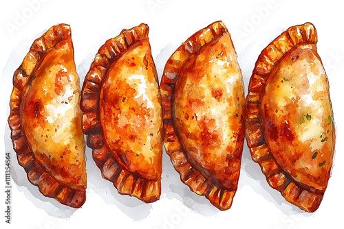 Watercolor Painting of Four Golden Brown Empanadas Arranged in a Row.