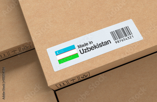 Cardboard Boxes with Uzbekistan Flag, ccc Label, and Barcode - 3D Render photo