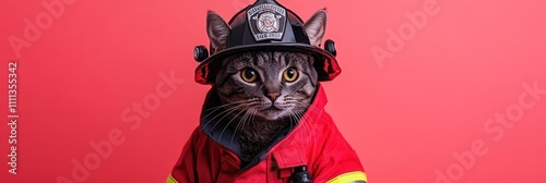 A cat dressed as a firefighter poses against a pink background. photo