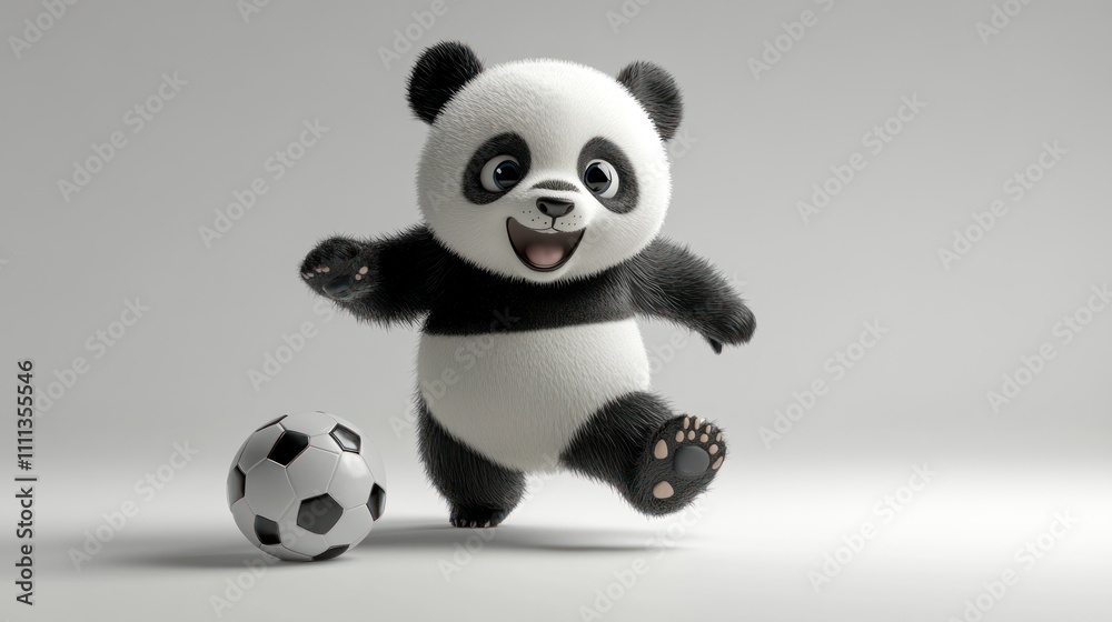 A cheerful panda character playing with a soccer ball in a playful scene.