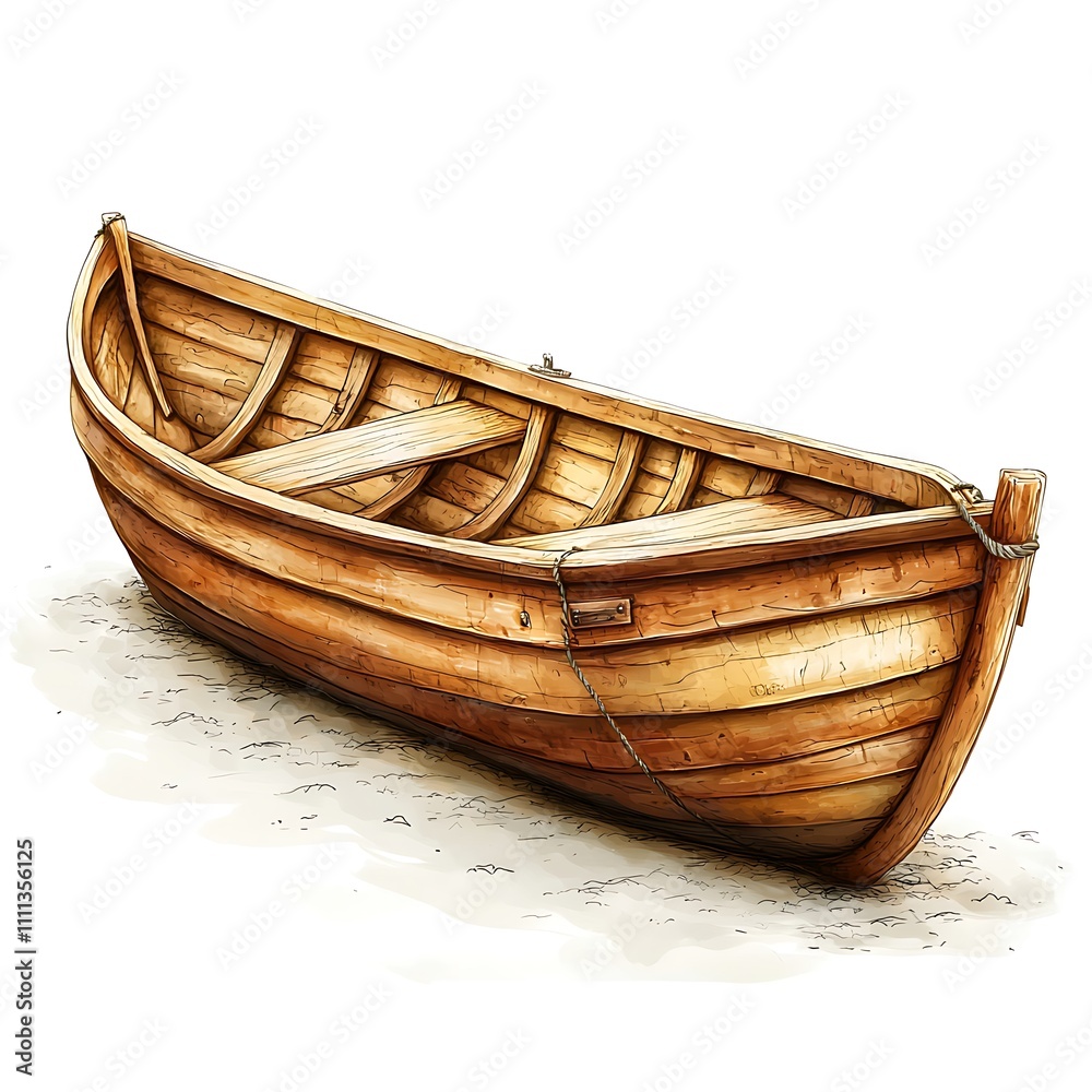 A Detailed Illustration of an Empty Wooden Rowboat on a Sandy Beach. A Detailed Illustration of an Empty Wooden Rowboat on a Sandy Beach.
