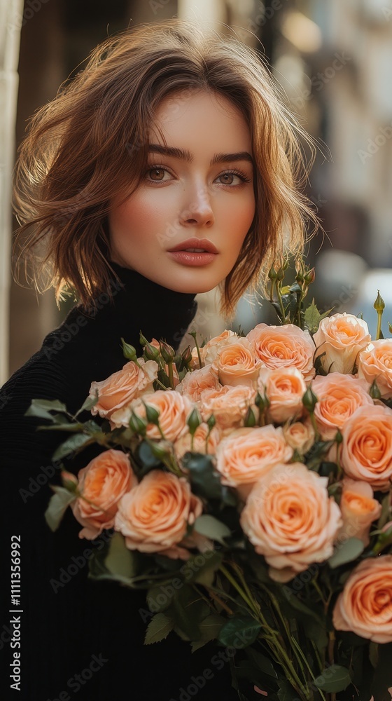 Portrait of a Beautiful Woman with a Bouquet of Peach Roses