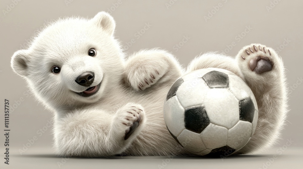 A playful polar bear cub joyfully rolls a soccer ball. A playful polar bear cub joyfully rolls a soccer ball.