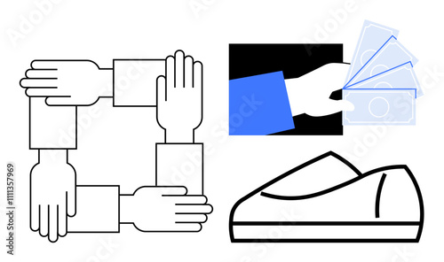 Interlocking hands symbolize unity, hand exchanging money for transactions, and a shoe signifying practicality. Ideal for teamwork, commerce, community support, collaborative projects, financial