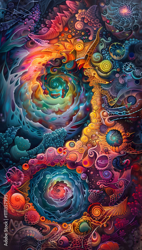 Immerse yourself in the captivating world of vibrant, cosmicinspired abstract art. Explore swirling patterns, intricate shapes, and colorful textures for a mesmerizing visual experience photo