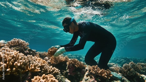 A marine biologist conducting coral reef restoration with coral fragments and underwater planting techniques, Coral restoration scene, Environmental conservation style