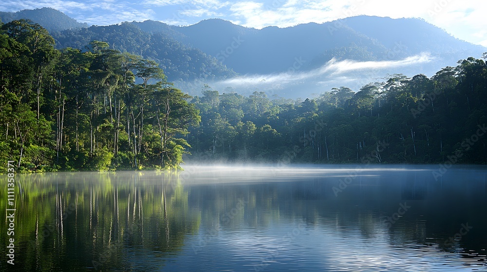 Naklejka premium Serene Sunrise Reflections Over Tranquil Lake in Lush Tropical Forest Nature Photography Peaceful Environment