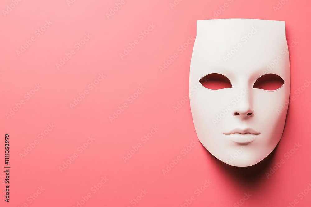 White mask on a pink background with a serene expression. White mask on a pink background with a serene expression.