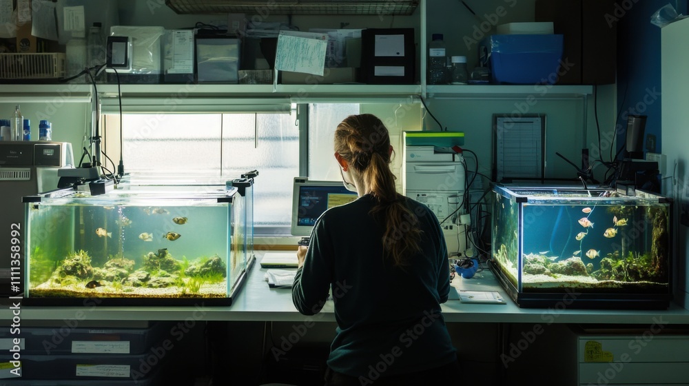 A marine biologist studying marine life in a coastal research station, with aquariums and scientific instruments, Coastal research scene