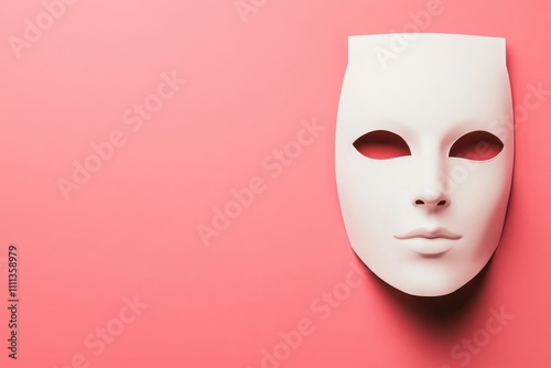 White mask on a pink background with a serene expression.