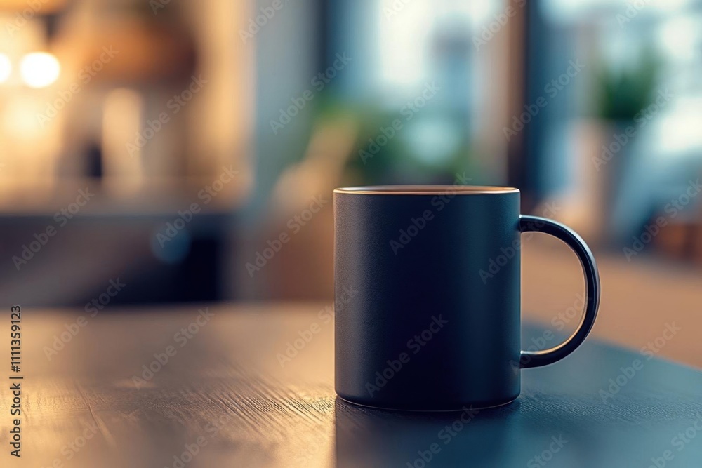 Simple Black Mug on a Wooden Table with a Blurry Background Simple Black Mug on a Wooden Table with a Blurry Background