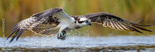 An osprey in flight, capturing prey above the water's surface.