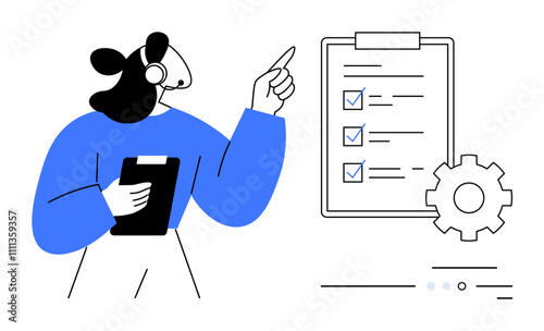 Person wearing headset holding clipboard and pointing to checklist with checkmarks next to gear. Ideal for productivity, management, planning, organization, help desk, customer support, workflow