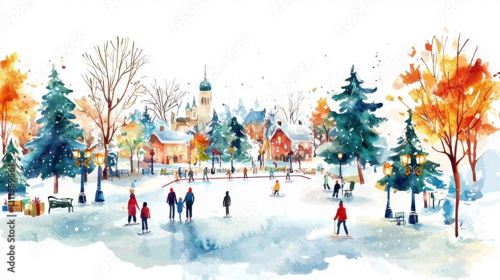 A vibrant winter scene showcasing people skating on ice, surrounded by colorful trees and a picturesque town in the background. A vibrant winter scene showcasing people skating on ice, surrounded by colorful trees and a picturesque town in the background.