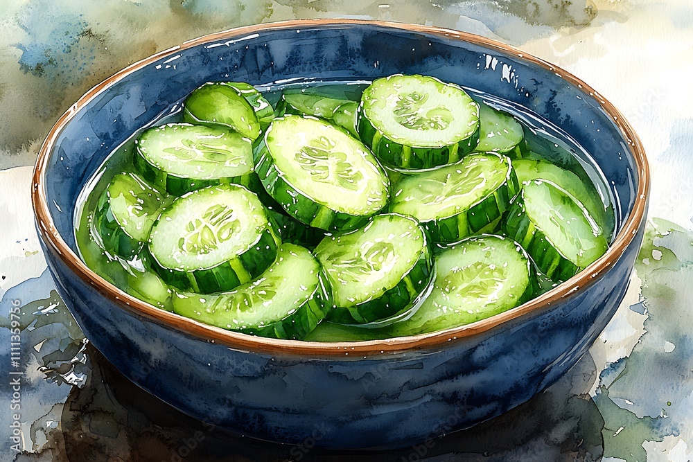 Watercolor painting of sliced cucumbers in a blue bowl. Watercolor painting of sliced cucumbers in a blue bowl.
