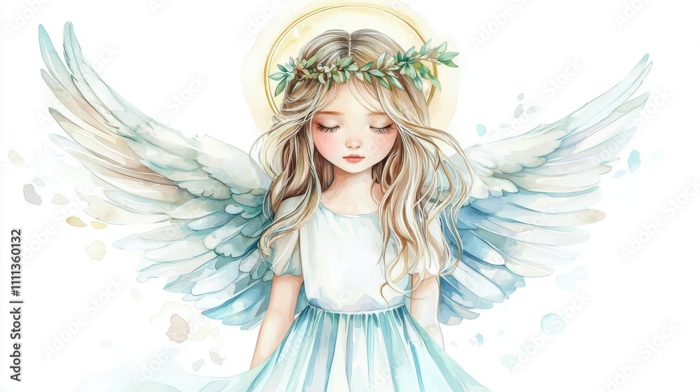 Beautiful watercolor angel illustration embodying serenity and grace with floral crown and delicate wings. Beautiful watercolor angel illustration embodying serenity and grace with floral crown and delicate wings.