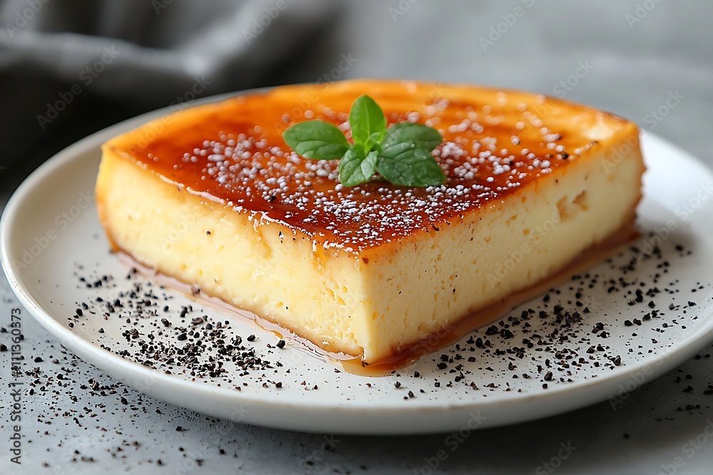 Close-up of a Delicious Caramel Flan Dessert Garnished with Mint and Cocoa Nibs. Close-up of a Delicious Caramel Flan Dessert Garnished with Mint and Cocoa Nibs.