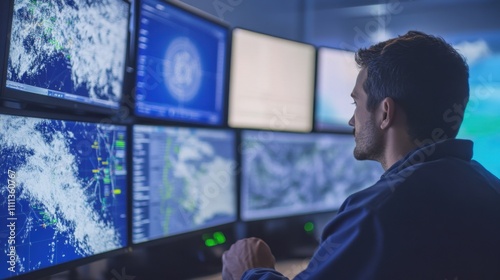 A meteorologist tracking weather patterns in a high-tech weather station, with radar screens and forecasting tools, Weather station scene