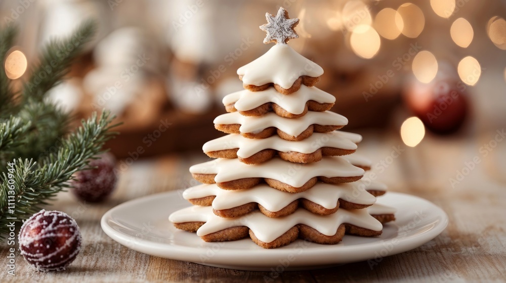 Stacked Christmas Tree cookie with white icing on a light Christmas background with bokeh effect and decorated tree. Holiday treat, sweet dessert Stacked Christmas Tree cookie with white icing on a light Christmas background with bokeh effect and decorated tree. Holiday treat, sweet dessert
