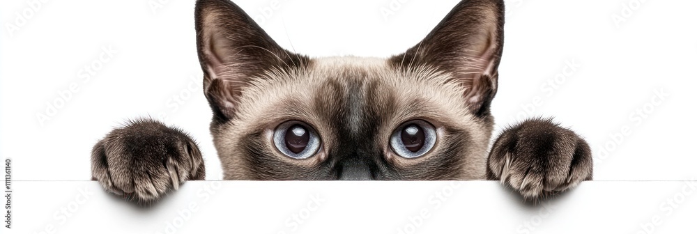 A curious cat peeks over a white surface with large, expressive eyes. A curious cat peeks over a white surface with large, expressive eyes.