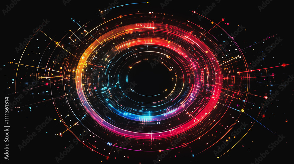 Abstract black background with Colorful circle lines. Digital future technology . Abstract business connection of lines from nodes innovation of communication in the network. Abstract black background with Colorful circle lines. Digital future technology . Abstract business connection of lines from nodes innovation of communication in the network.