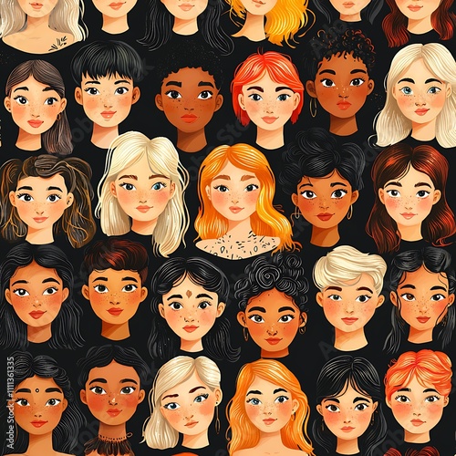 Diverse Portraits of Young Women A Seamless Pattern of Female Faces in Various Hairstyles and Skin Tones.