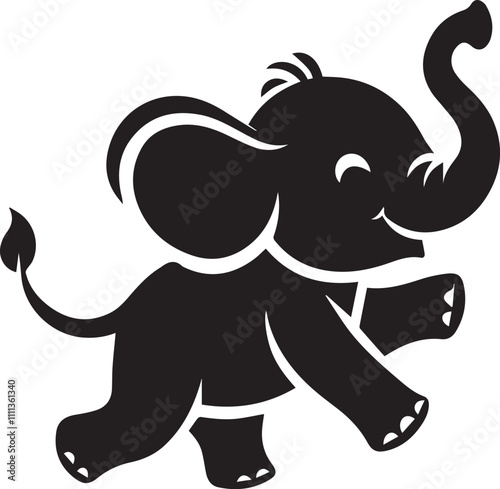 Playful baby elephant silhouette running with a raised trunk vector