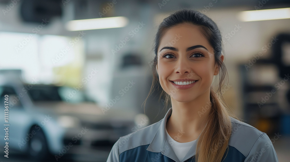 Young Latina mechanic, blurred car being repaired in background Young Latina mechanic, blurred car being repaired in background